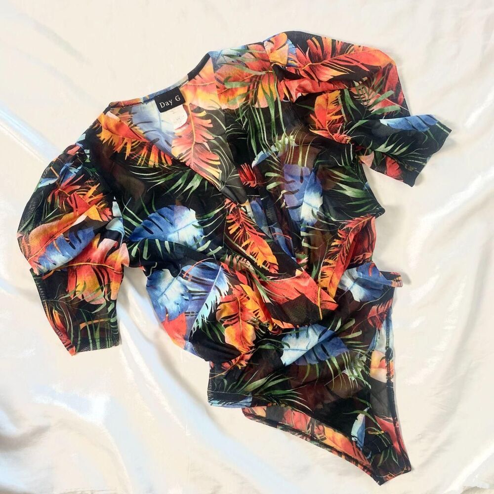 Day G Vintage Sheer Mesh tropical Ibiza Romper / Swim Body Cover Up S
